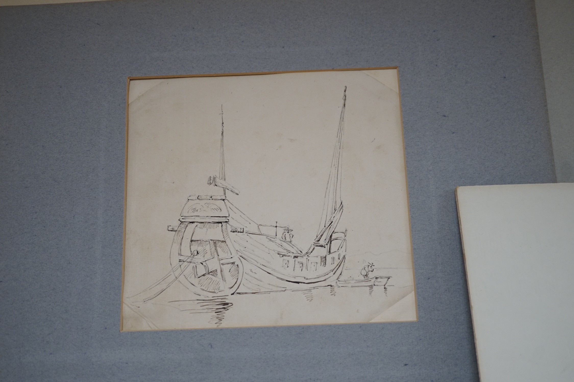 Manner of George Chinnery (1774-1852), six pen and ink drawings, Studies of boatmen, a junk and figures on the shore, largest approx. 19 x 19cm, unframed